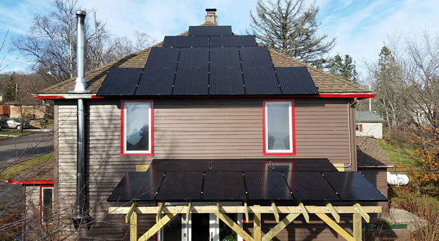 Solar panels adorn the roof of Jay and Rose Arrowsmith DeCoux’s Art House Bed & Breakfast. The couple is the first in Grand Marais who will be able to generate solar power and sell power back to the grid