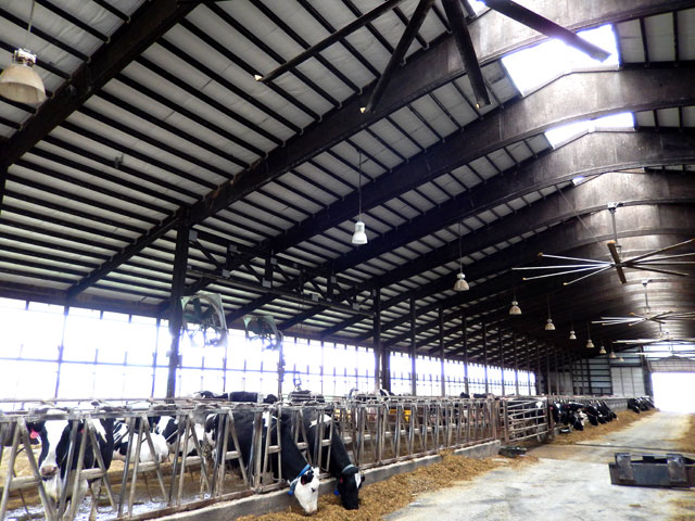Barn at Hoffman Farm with new LED test lamp and Big Ass Fans