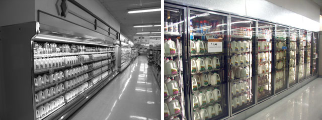 Old, inefficient, open dairy case on the left, replaced by new and energy efficient model on the right
