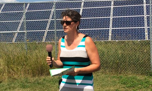 Leech Lake Environmental Deputy Director Brandy Toft speaks at an unveiling ceremony Monday in Prescott for newly built solar arrays across the Leech Lake reservation. Photo by Matthew Liedke at Bemidji Pioneer