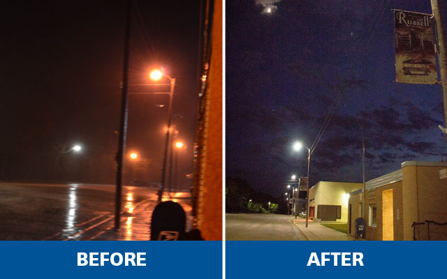 Before and After photos of street lighting in Russell