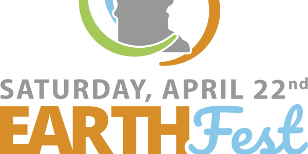 logo of Iron Range Earth Fest 2023: gray Minnesota map with swirl of blue, green, rust color and words "Earth Fest for the Children for us all"