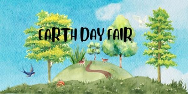 spring scene including three green trees, blue sky, bird and words "Earth Day Fair"