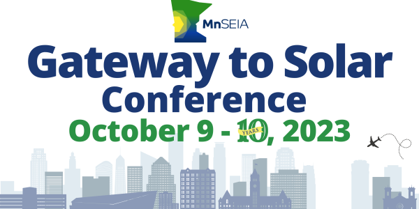 Text of "Gateway to Solar Conference" banner with the Minneapolis skyline in the background