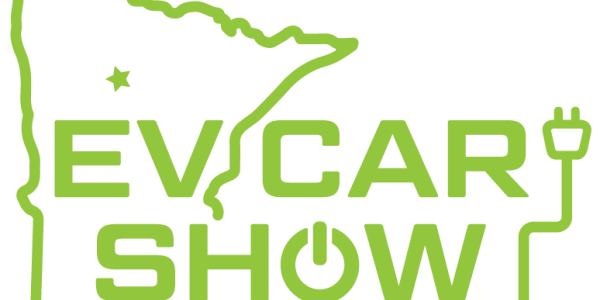 green outline of Minnesota on white background with words "EV CAR SHOW" and electric plug