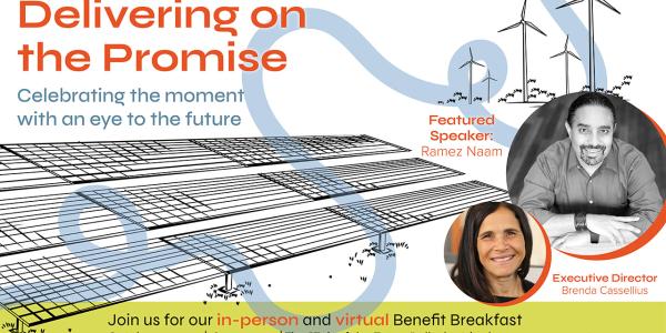words "Save the date for Fresh Energy 2023 Benefit Breakfast" (includes image of two people who will speak at event and of solar panel)