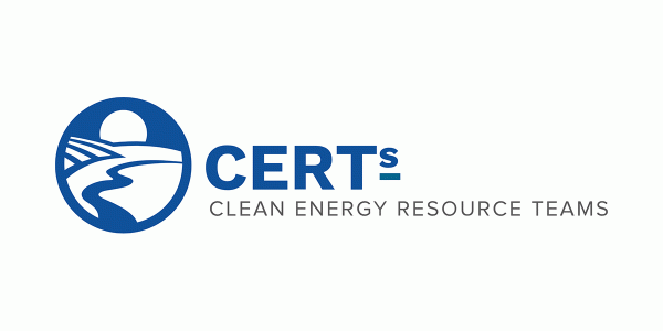 words "CERTs Clean Energy Resource Teams" and blue and white image of sun with river, as CERTs logo