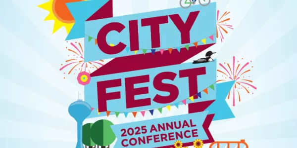 A blue and red banner reads "City Fest: 2025 Annual Conference," accompanied by graphics of fireworks, sunflowers, a bike, a bus, trees, and a water tower.