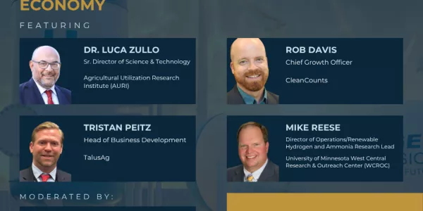 Green Hydrogen/Ammonia webinar graphic indicating the date of the event will be July 8, 2025 at 10:00 AM CST. The image includes headshots and titles of the panelists and moderator with registration information. 