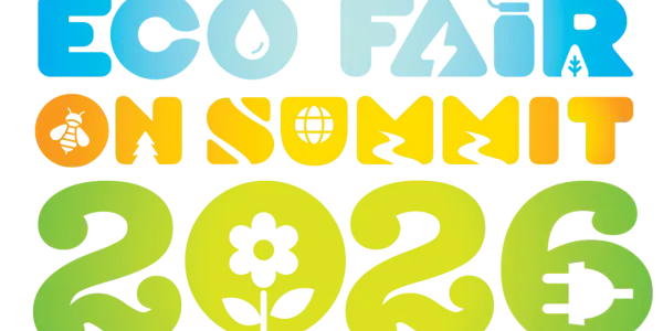 Logo for Eco Fair on Summit 2026. Some letters are stylized to include flowers, electric plugs, bees, trees, and rivers.