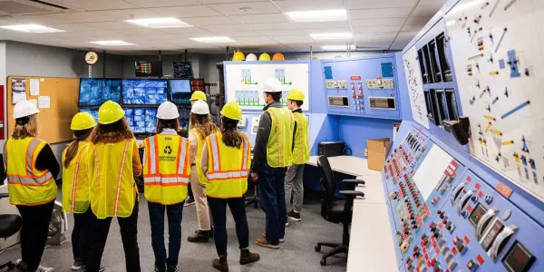 Visitors wearing protective gear in a control room at the Recycling Center.