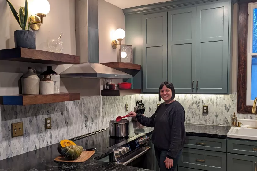 Kristen in the new kitchen