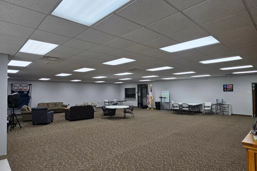 A wide view of a large multipurpose room.