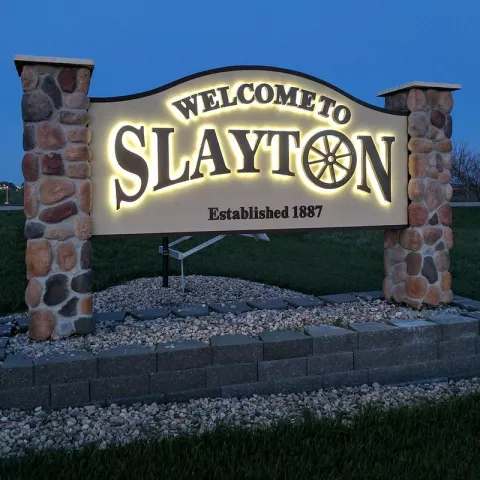 "Welcome to Slayton" light up brick sign