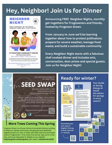 Frogtown Green Flyer promoting neighborhood meals, clean energy resources, and more ways to connect.