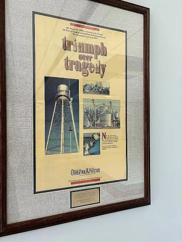 A 1998 newspaper reporting on the tornado in Comfrey still hangs in the town’s city hall.