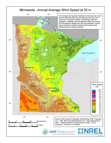 Map: Minnesota – Average Annual Wind Speed at 30m