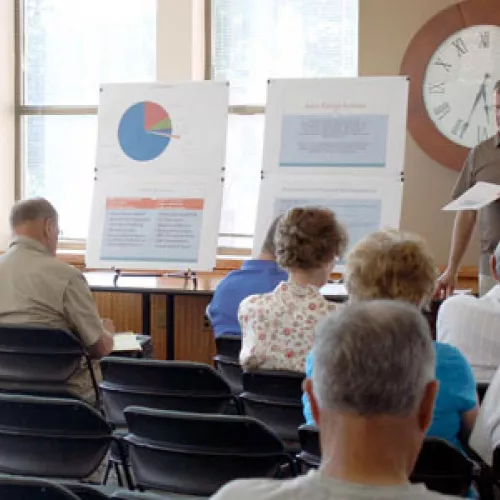 Goodhue County Zoning Administrator Mike Wozniak presents the details of proposed ordinance amendments covering solar energy systems at a public open house Monday evening in the Jury Assembly room of the Law Enforcement Center. (Photo by Michael Brun, of Republican Eagle)