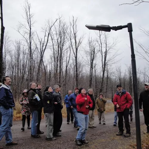 group looking at led lights