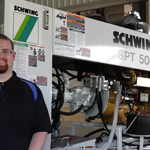 MnTAP Intern Paul Senne at Schwing America (photo courtesy of MnTAP)