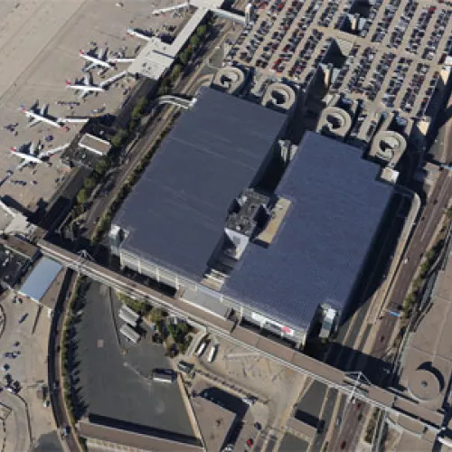An aerial photo of the parking ramps showing where the solar arrays at Minneapolis-St. Paul International Airport | Photo: MAC