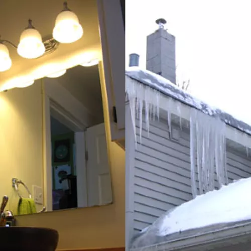 CFLs in the bathroom (left) and ice damming on our roof (right)