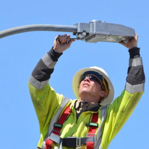 Installing LED street lights | Photo courtesy Lyon-Lincoln Electric
