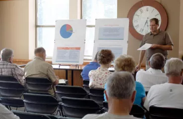 Goodhue County Zoning Administrator Mike Wozniak presents the details of proposed ordinance amendments covering solar energy systems at a public open house Monday evening in the Jury Assembly room of the Law Enforcement Center. (Photo by Michael Brun, of Republican Eagle)