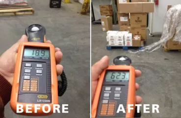 Pre-retrofit average 18 foot-candles; and Post-retrofit avg 62 foot-candles