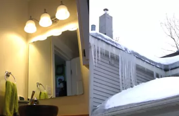 CFLs in the bathroom (left) and ice damming on our roof (right)