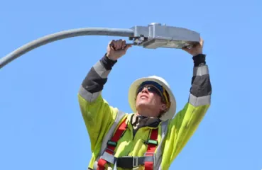 Installing LED street lights | Photo courtesy Lyon-Lincoln Electric