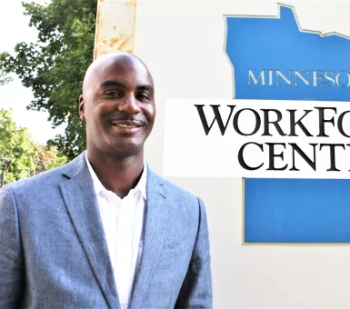 CEO Jamez Staples standing in front of the training center at 1200 Plymouth Avenue North, Minneapolis, MN (Frank Jossi, Energy News)