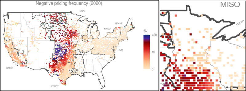 Map of Negative Price Frequency and detailed geographic location of areas where wind is economically curtailed because of lack of transmission capacity and wind energy volume.