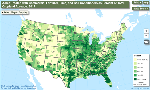 Map of acres treated with commercial fertilizer, lime, and soil conditioners as percent of total cropland acreage.