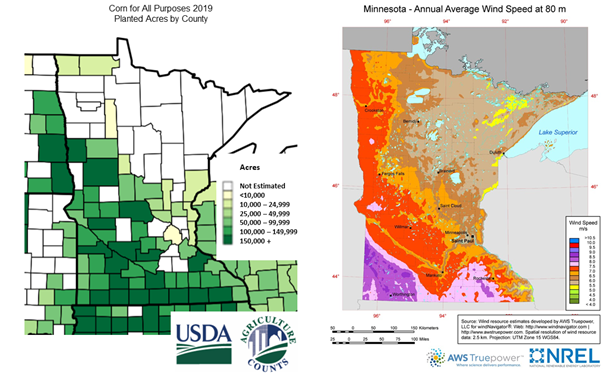 Maps of Corn Acreage vs. Wind Speed in Minnesota 