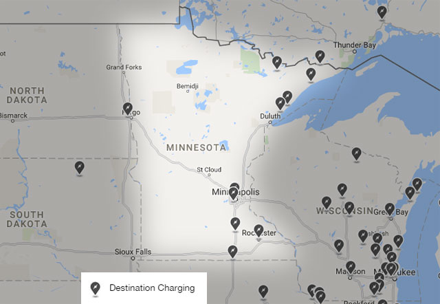 Map of destination charging stations in Minnesota